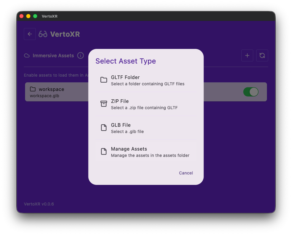 Import asset button in Immersive Assets section