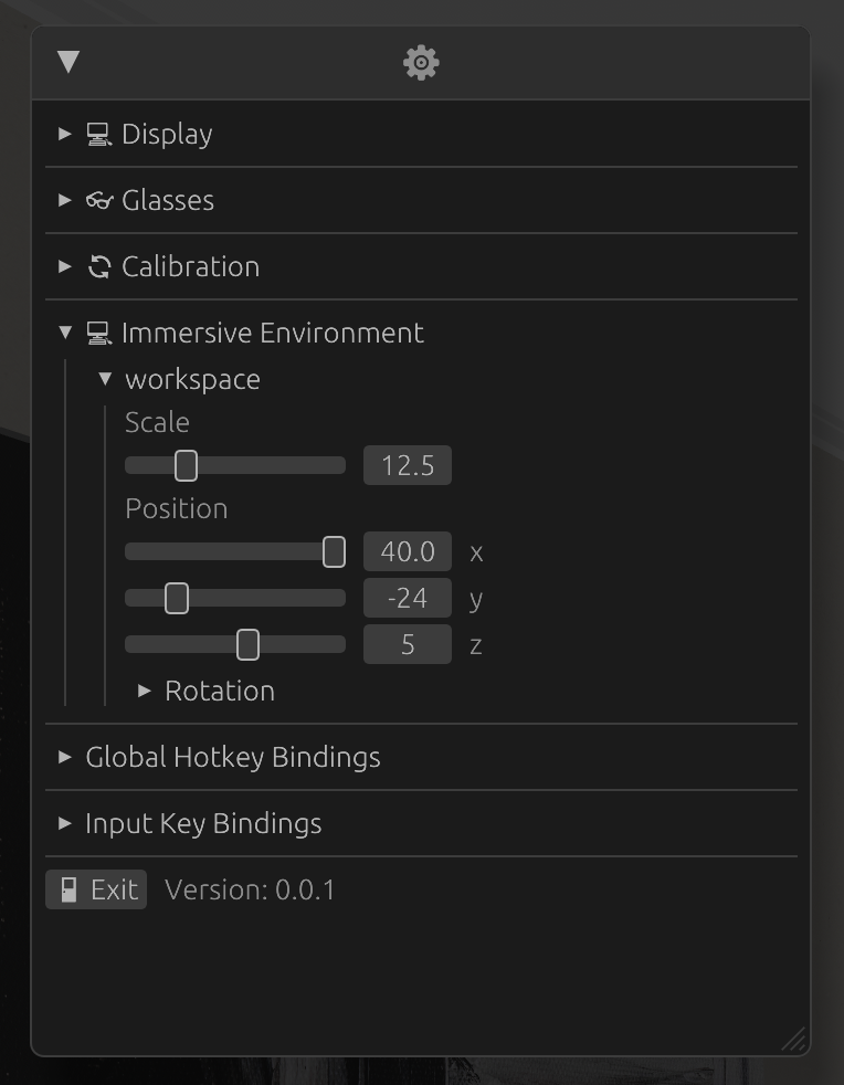 ArSpace menu for configuring immersive assets